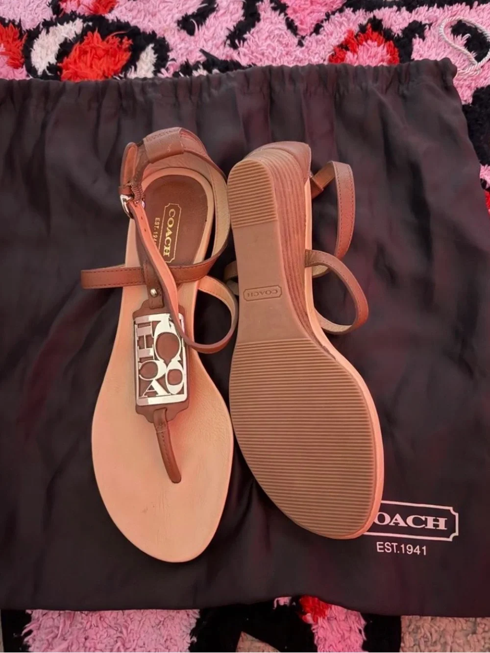 COACH Brown Leather T-Strap Sandals with Silver Logo Plaque